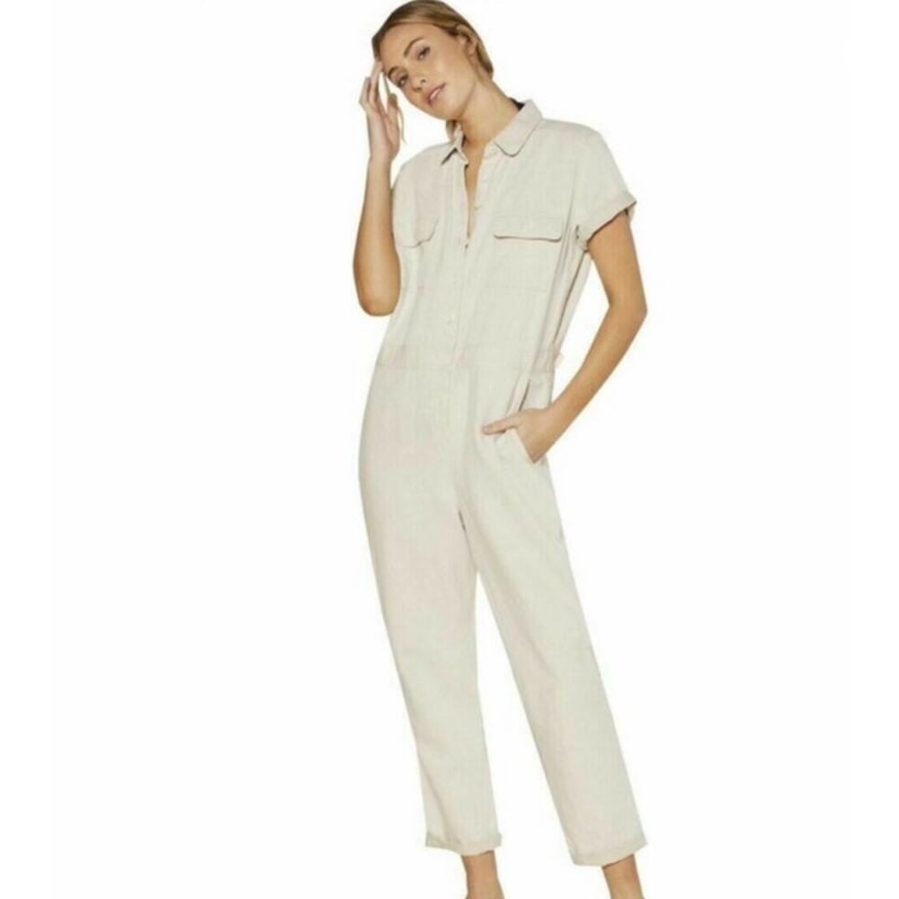 NWT Outerknown Utility Jumpsuit Tan Short Sleeve Collared‎ Button Front Belted M
